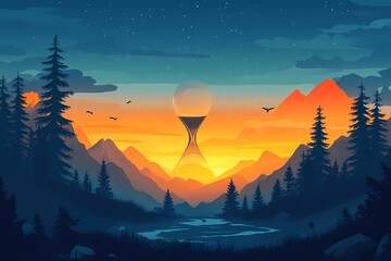 Digital Art of Vibrant Mountain Landscape at Sunset. Tranquil Scenic View with River, Forest, and Skyline Reflection