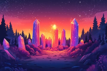 Magical Crystal-Filled Forest Landscape Under Glowing Night Sky - A Surreal and Ethereal Digital Artwork