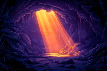 Mystical Cave Light. A Majestic Natural Phenomenon with Orange Glow and Dramatic Shadows