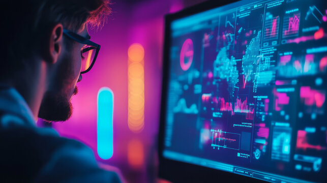Data analysis event by a programmer in a tech environment with neon lights and high-tech screens