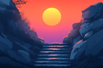 Sunset Stone Stairs in a Serene Nature Landscape. Vibrant Colors and Tranquil Atmosphere