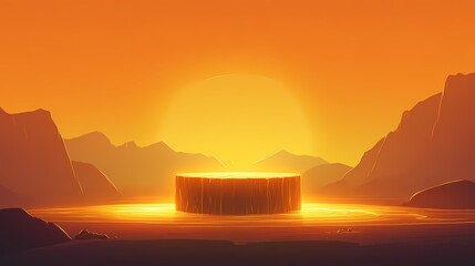 Stunning Digital Landscape Illustration. Sunset Geometric Abstract Art with Orange Hues and Serene Mountain Reflection
