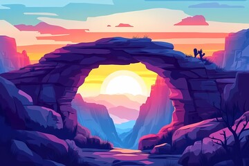 Vibrant Sunset in Canyon Landscape. Digital Art Illustration of Serene Desert Rock Formations