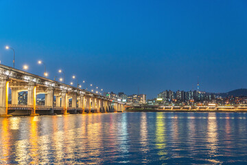 Rainbow fountain show at Banpo Bridge in Seoul, South Korea.