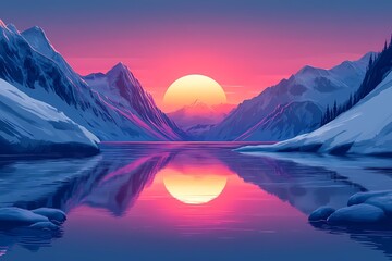 Majestic Mountain Sunset in a Serene Lake Reflection - Vibrant Colors and Snowy Peaks in a Peaceful Winter Landscape