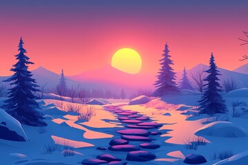 Winter Sunset Landscape Illustration. Serene Mountains, Snow, Trees & Vibrant Colors in a Tranquil Natural Scenic View