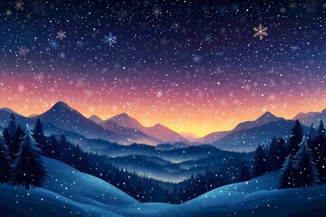 Winter Wonderland. Serene Snowy Landscape with Starry Sky, Mountains, and Pine Trees
