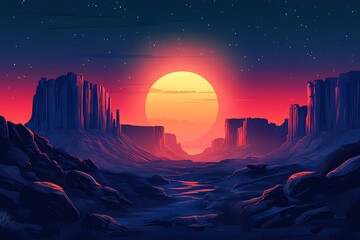 Sunset Over Desert Landscape with Starry Night Sky. Majestic Digital Art Illustration