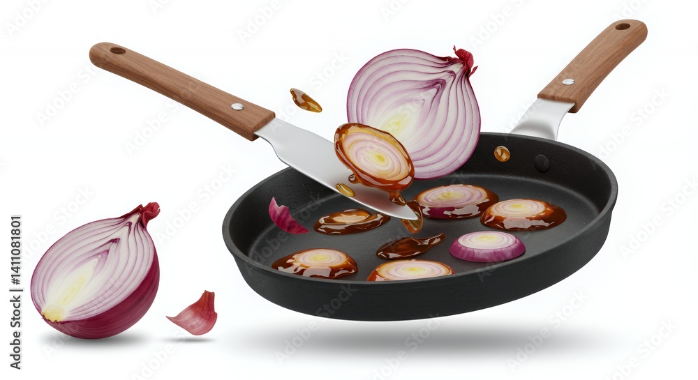 Poster caramelizing red onions in a frying pan 3d isometric rendering