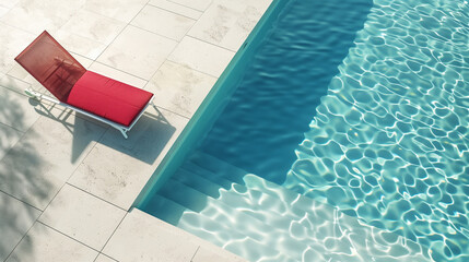 
Minimalist pool with single red lounge chair