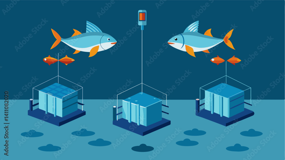 Poster smart fish pens with automated gates that open and close based on predetermined feeding schedules ke