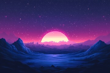 Mystical Dreamscape. Vibrant Cosmic Sunset Over Distant Mountains in Digital Art