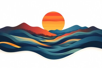 Sunset Landscape Illustration. Abstract Mountain Horizon with Bold Colors and Serene Nature Scenery