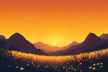 Stunning Sunset Over Mountains. Tranquil Nature Scene in Vector Art