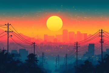 Vibrant Urban Cityscape at Sunset. Stunning Digital Illustration of Dusk Silhouettes and Twilight Colors