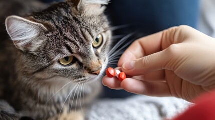 Cat receiving medication from a caring owner indoors