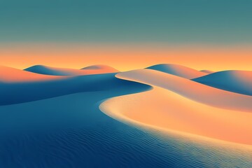 Mystical Desert Sand Dunes at Sunset. Tranquil Nature Landscape with Gradient Colors and Geometric Shapes