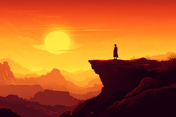 Sunset Silhouette. Man on Cliff in Stunning Scenic Wilderness Adventure