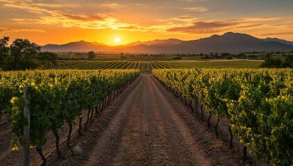 Vineyard at sunset.  Golden hour over rows of grapevines