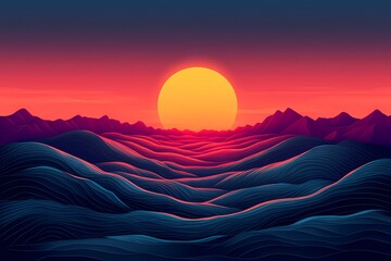 Vibrant Sunset Landscape. Abstract Vector Art with Mountain Silhouettes and Colorful Gradient Waves