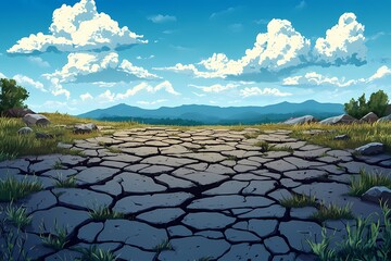 Dramatic Sky and Cracked Earth. Serene Landscape Art of Arid Environment with Vibrant Colors