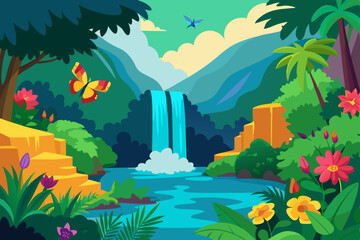Vibrant colorful waterfall scene vector illustration background for print and digital use