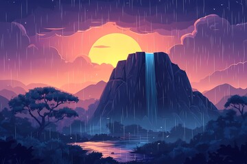 Stunning Tropical Waterfall at Sunset. Lush Nature Scenery and Vibrant Sky in Eco-Friendly Paradise