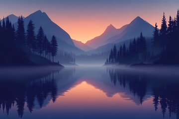 Tranquil Mountain Lake at Sunset. Serene Reflection of Misty Nature