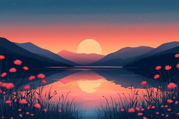 Serene Sunset Landscape. Colorful Nature Reflection on Lake with Vibrant Flowers and Mountain Silhouettes