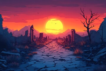 Dystopian Sunset Landscape Digital Art. Vibrant Colors and Adventure in a Serene Scenic View