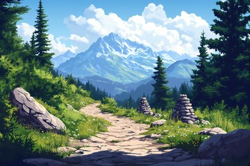 Mountain Hiking Adventure. Exploring Scenic Pathways and Nature's Beauty in Tranquil Wilderness. Summer Travel & Relaxation