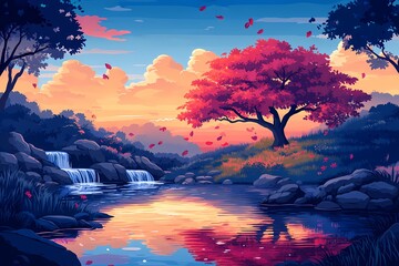 Autumn Nature Landscape with Vibrant Foliage and Serene Waterfall Reflection at Sunset