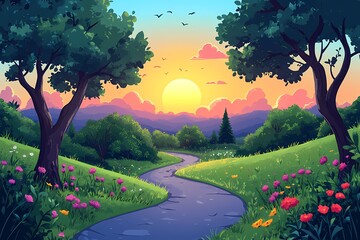 Tranquil Sunset Glow Over Scenic Countryside. Captivating Spring Meadow and River Landscape