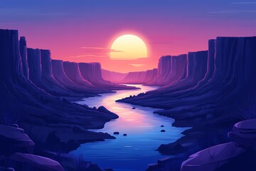 Serene Sunset Landscape with Colorful Sky and Majestic River Canyon. A Tranquil Natural Beauty in Digital Art