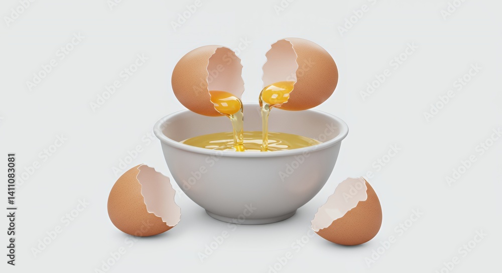 Poster cracking eggs into bowl: isometric 3d rendering with dynamic yolk and eggshells on white background
