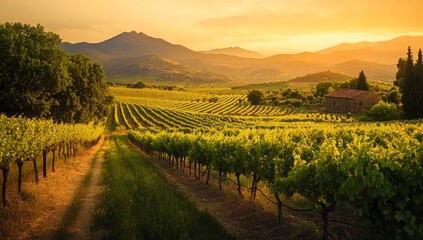 Fototapeta premium Picturesque vineyard landscape at golden hour. Rows of grapevines stretch across hillsides, framed by a rustic farmhouse and mountain backdrop