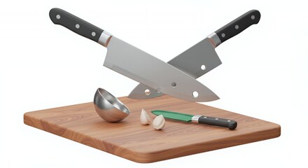 Crossed Kitchen Knives on Wooden Cutting Board 3D Render