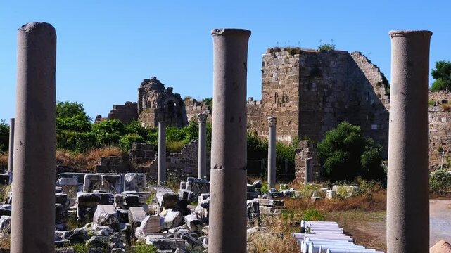 The center of culture and trade of Lycians, Persians, Greeks and Romans.Ruins of an ancient Lycian city on the banks of the Xanthos River.An open-air museum.Ancient Lycia. UNESCO.Turkey, 4k