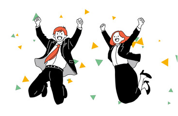 ジャンプして喜ぶスーツ男女　紙吹雪