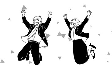 ジャンプして喜ぶスーツ男女　紙吹雪