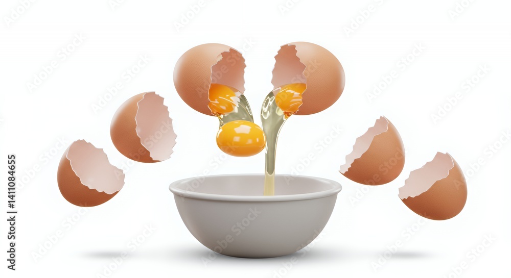 Poster dynamic isometric 3d rendering of eggs cracking into a bowl on white background