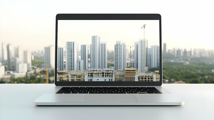 Modern Laptop Displays Construction Site Cityscape