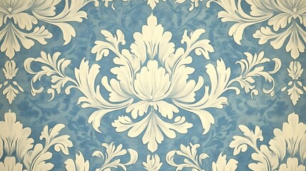 Fototapeta premium Vintage Floral Pattern on Teal Background, Elegant vintage floral pattern with large cream flowers and intricate leaves on a teal background