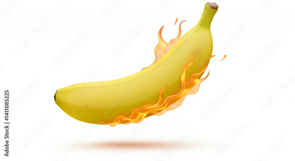 Poster flaming banana 3d rendering isometric white background