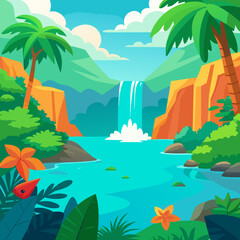 Fototapeta na wymiar Vibrant colorful waterfall scene vector illustration background for print and digital use