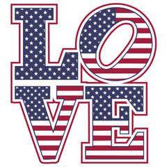 Obraz premium Bold LOVE Typography Design Filled with American Flag Pattern – Patriotic Stars and Stripes Text Art for 4th of July Decorations, Independence Day Apparel, Memorial Day Posters, and USA-Themed Graphic