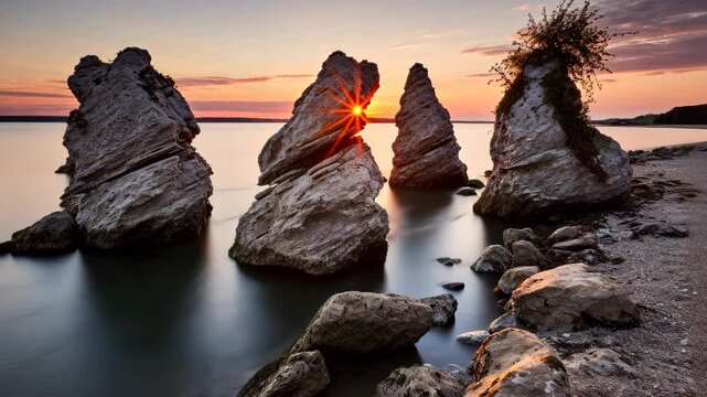 Stones rest in the lake, embraced by the gentle hues of sunrise in a captivating landscape. Ai Generated.