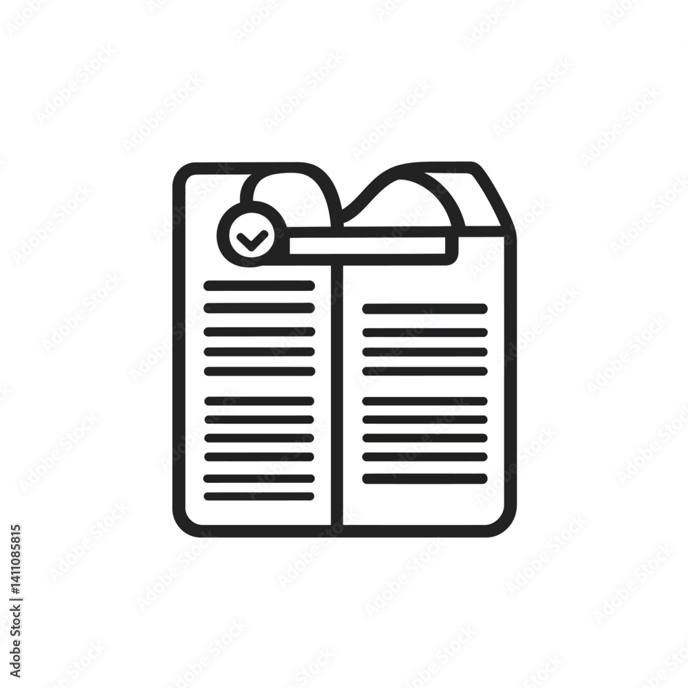 Poster open book with lines and checkmark thin line art on transparent background