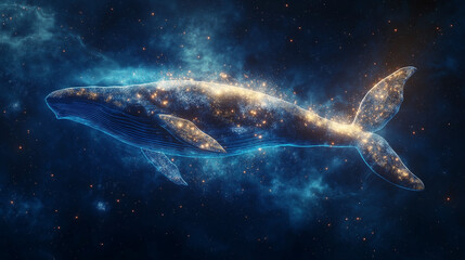 Fototapeta premium Celestial Whale: A majestic whale, rendered in shimmering stardust and nebulae, gracefully glides through the cosmos, its form a breathtaking blend of celestial bodies and aquatic life.