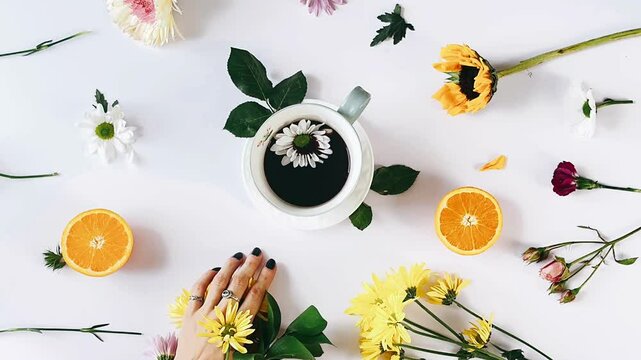  top down view hand flowers, hand with coffee and fruit, floral arrangement with coffee, vibrant flowers and fruit, coffee and flowers display, artistic hand and flowers, colorful fruit and coffee, ch